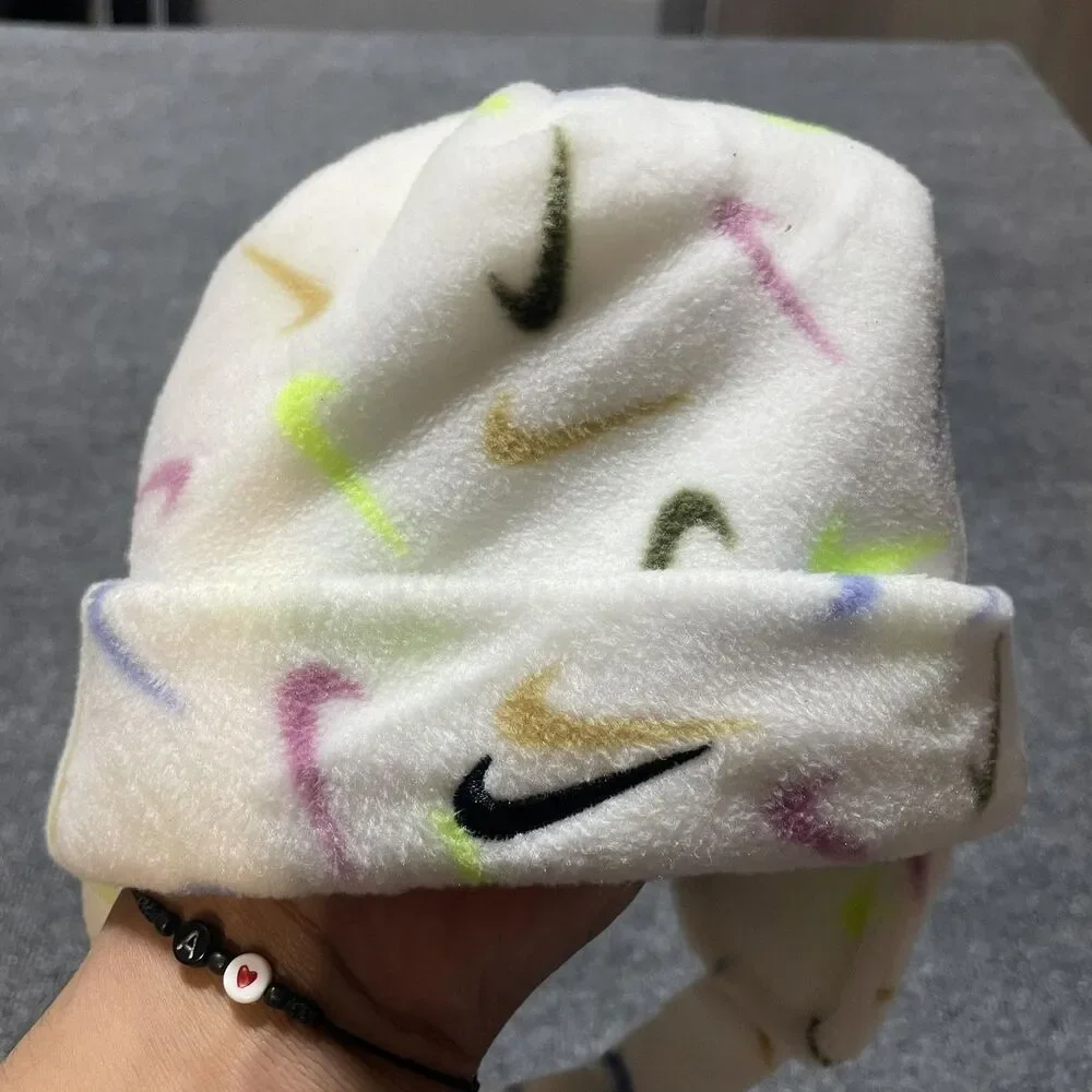 Nike Hat Beanie Fitted Toddler White Multicolor Fleece Ear Flap Winter